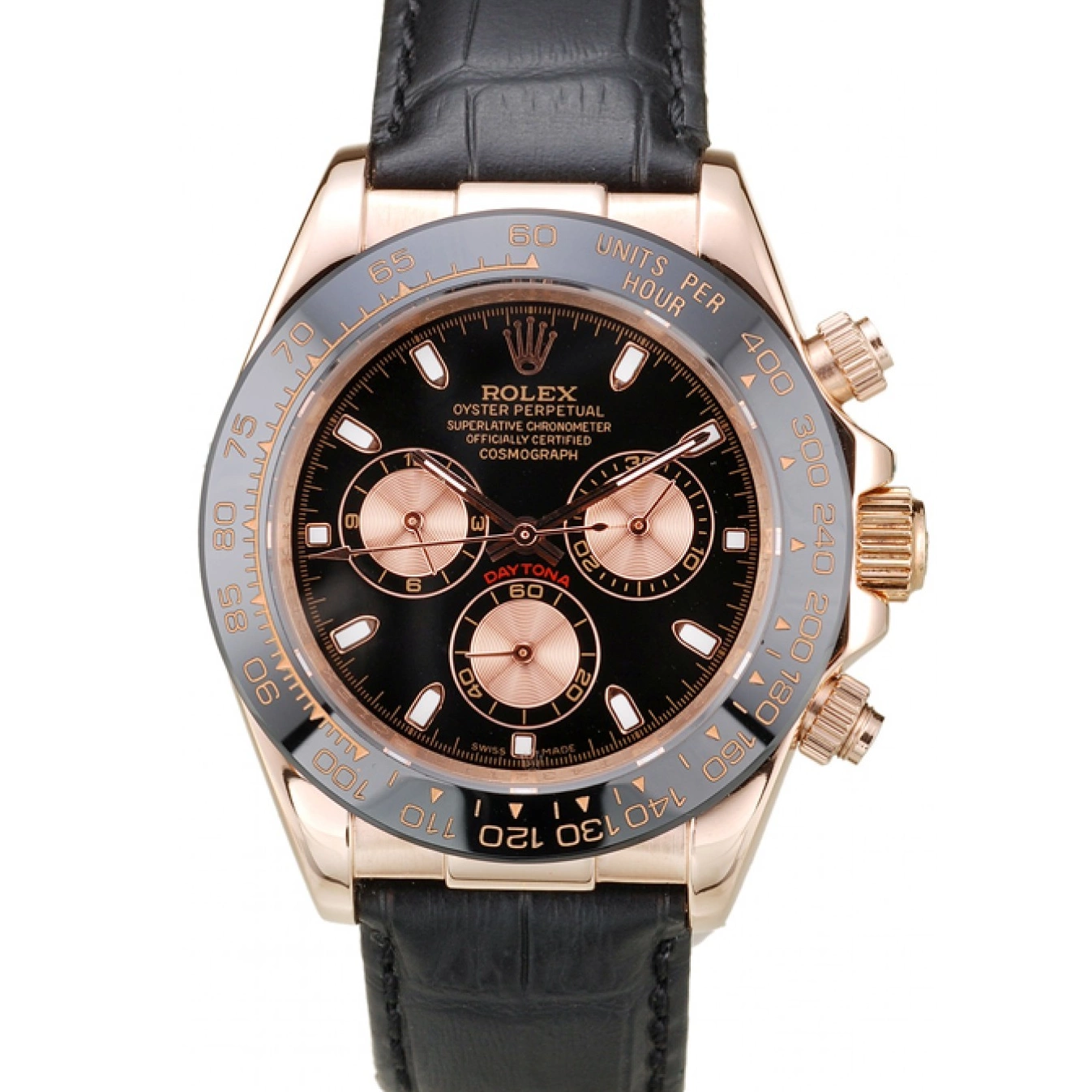 Aaa replica watch Rolex Gold Case Black Rose Daytona Leather Strap Dial Black 0824